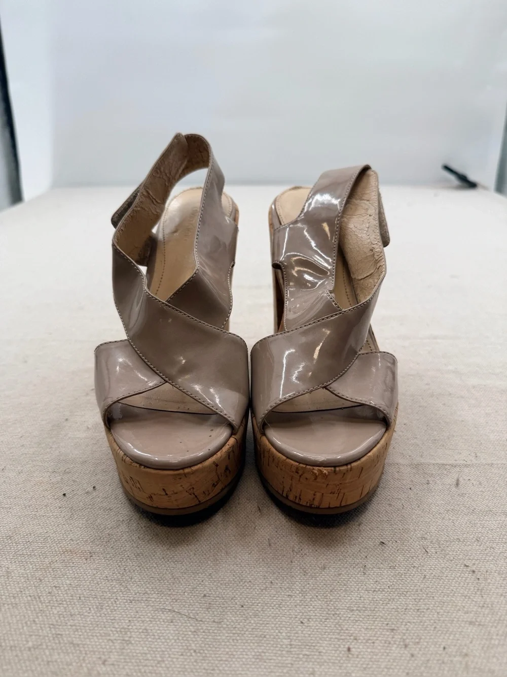 Calvin Klein Neutral Patent Cork Platform Sandals